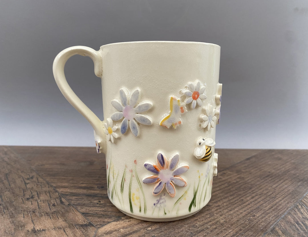 Handcrafted Floral Mug with Bees and Butterflies – Unique Hand-Painted Ceramic Mug 11