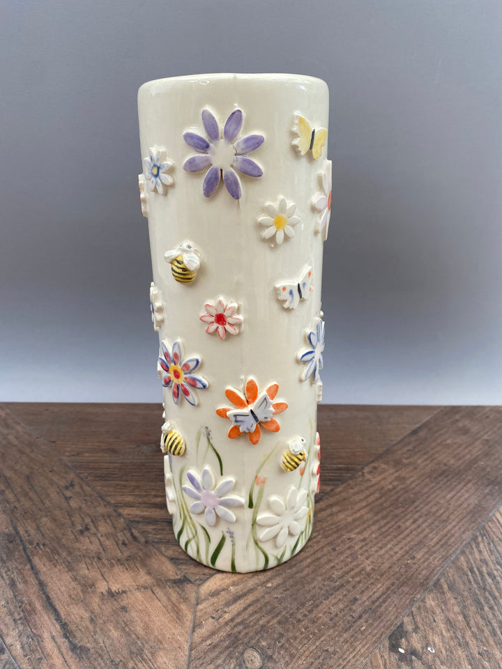 Handcrafted Floral Vase with Bees and Butterflies – Unique Hand-Painted Tall Ceramic vase 1