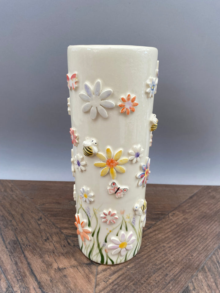 Handcrafted Floral Vase with Bees and Butterflies – Unique Hand-Painted Tall Ceramic vase 1