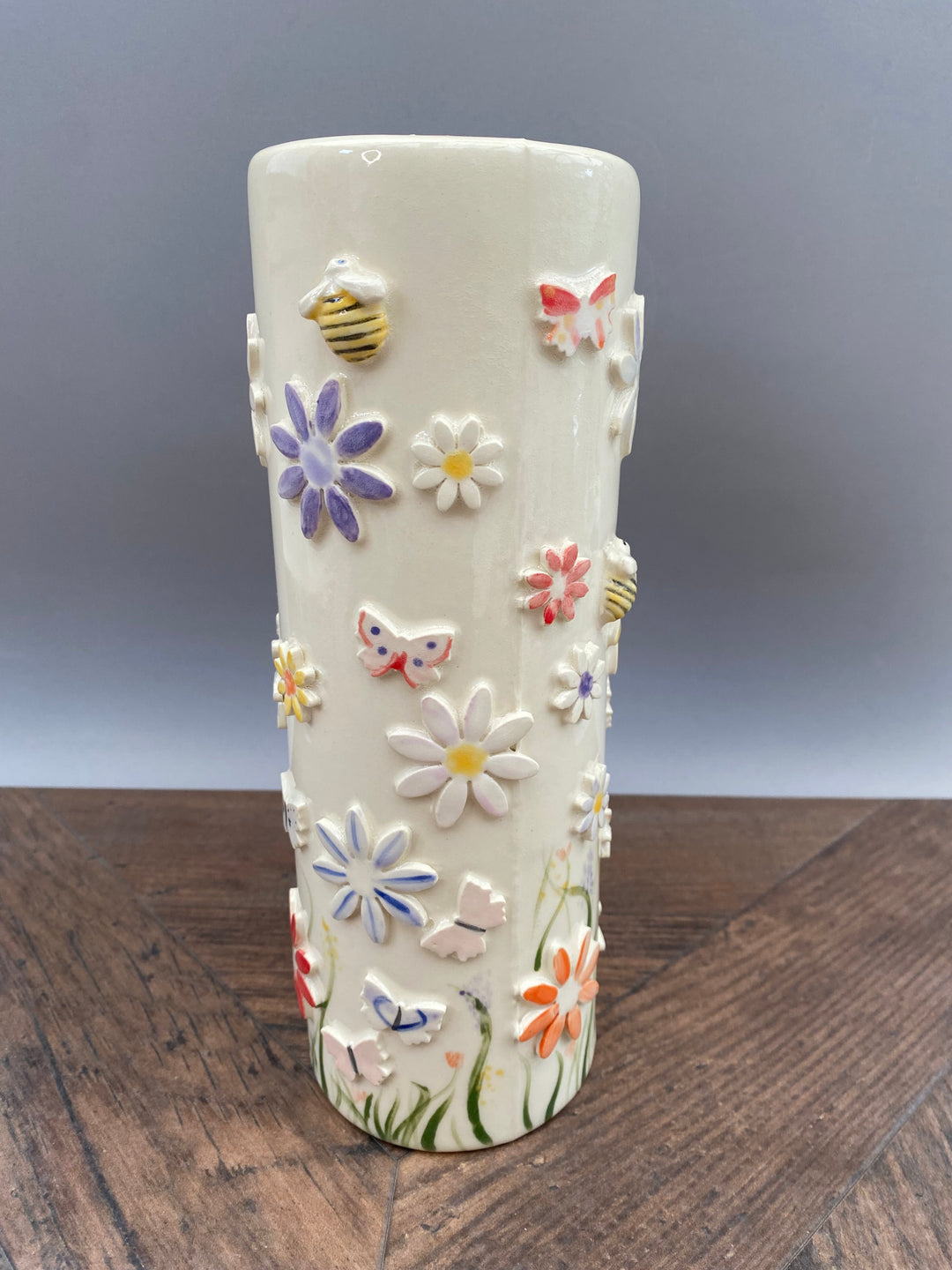 Handcrafted Floral Vase with Bees and Butterflies – Unique Hand-Painted Tall Ceramic vase 1