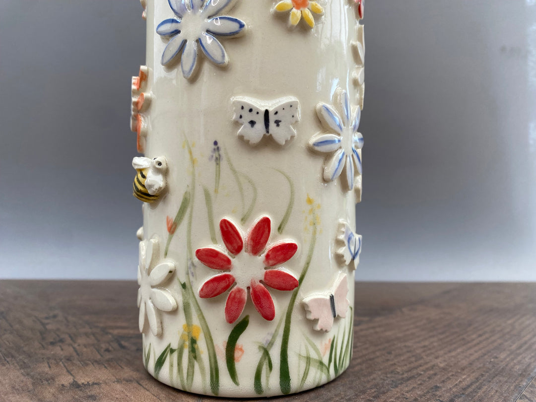 Handcrafted Floral Vase with Bees and Butterflies – Unique Hand-Painted Tall Ceramic vase 1