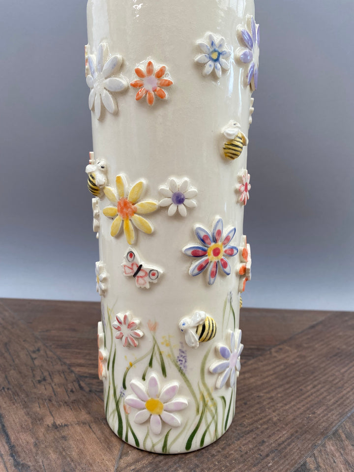 Handcrafted Floral Vase with Bees and Butterflies – Unique Hand-Painted Tall Ceramic vase 1