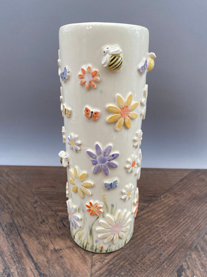 Handcrafted Floral Vase with Bees and Butterflies – Unique Hand-Painted Tall Ceramic vase 2