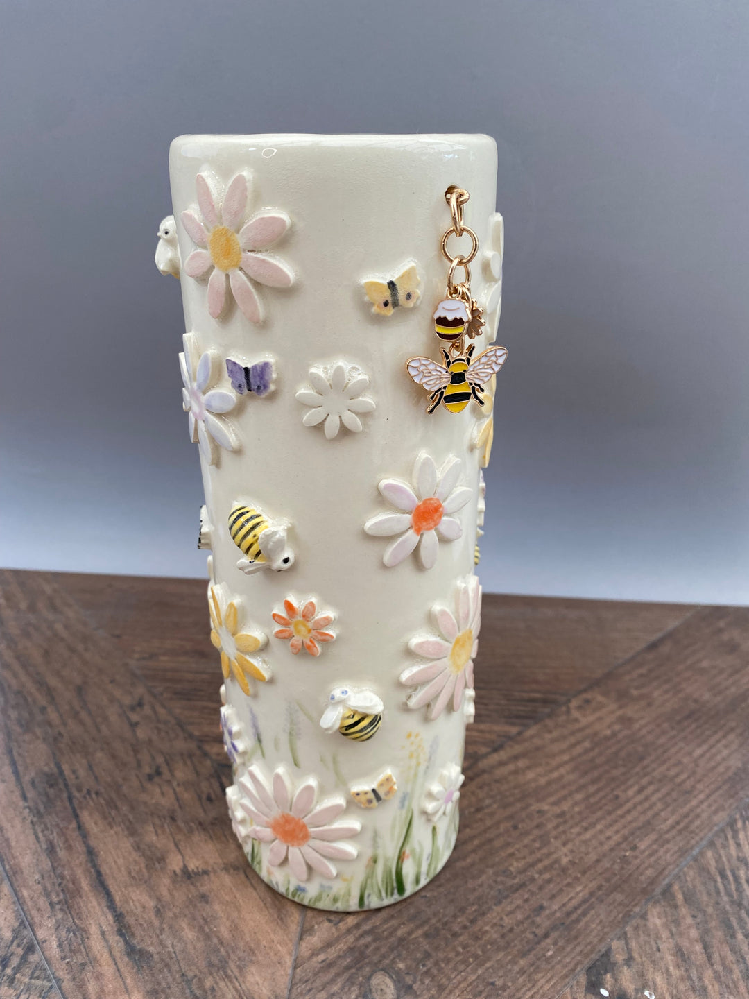 Handcrafted Floral Vase with Bees and Butterflies – Unique Hand-Painted Tall Ceramic vase 2