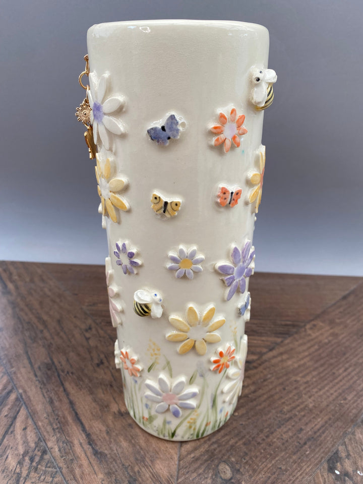 Handcrafted Floral Vase with Bees and Butterflies – Unique Hand-Painted Tall Ceramic vase 2