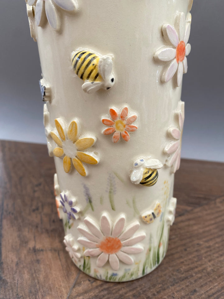 Handcrafted Floral Vase with Bees and Butterflies – Unique Hand-Painted Tall Ceramic vase 2