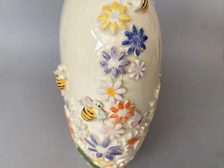 Handcrafted wide Floral Vase with Bees and Butterflies – Unique Hand-Painted Ceramic Vase