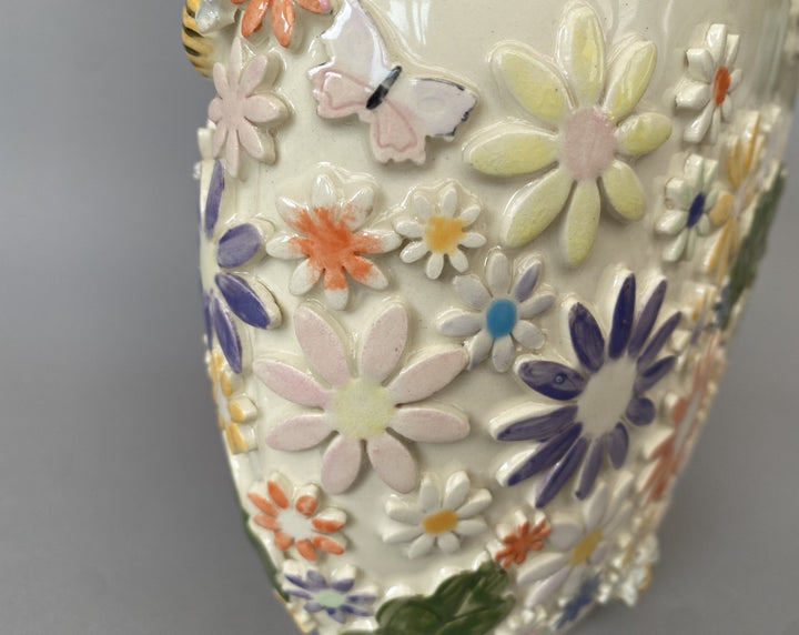 Handcrafted wide Floral Vase with Bees and Butterflies – Unique Hand-Painted Ceramic Vase