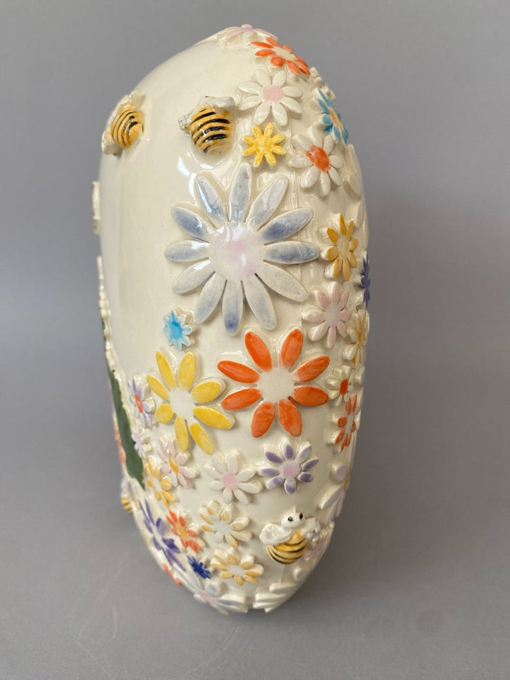 Handcrafted wide Floral Vase with Bees and Butterflies – Unique Hand-Painted Ceramic Vase