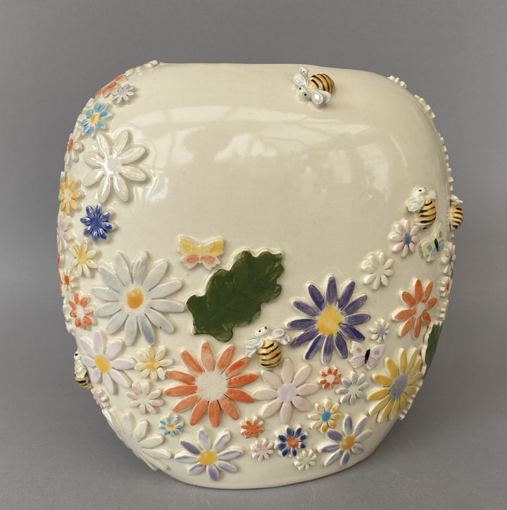 Handcrafted wide Floral Vase with Bees and Butterflies – Unique Hand-Painted Ceramic Vase