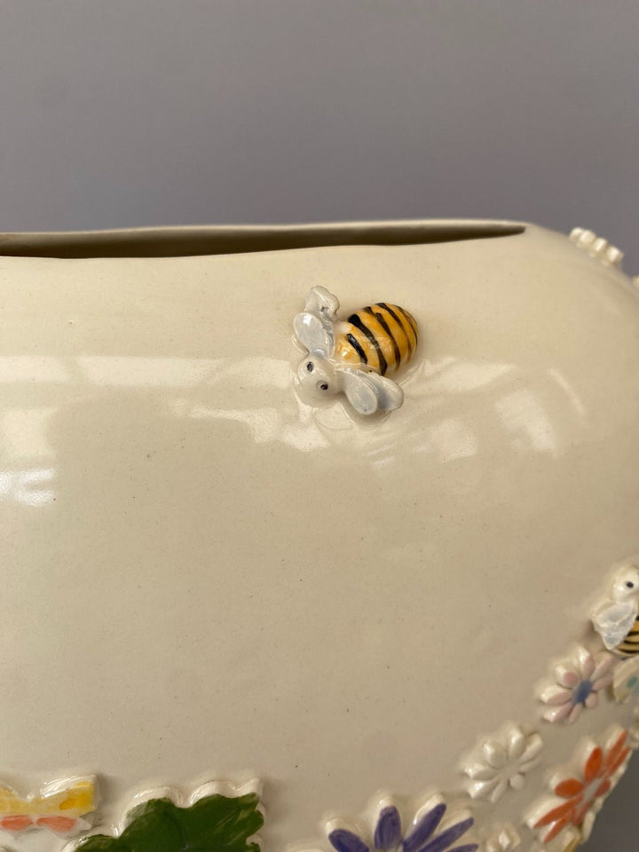 Handcrafted wide Floral Vase with Bees and Butterflies – Unique Hand-Painted Ceramic Vase