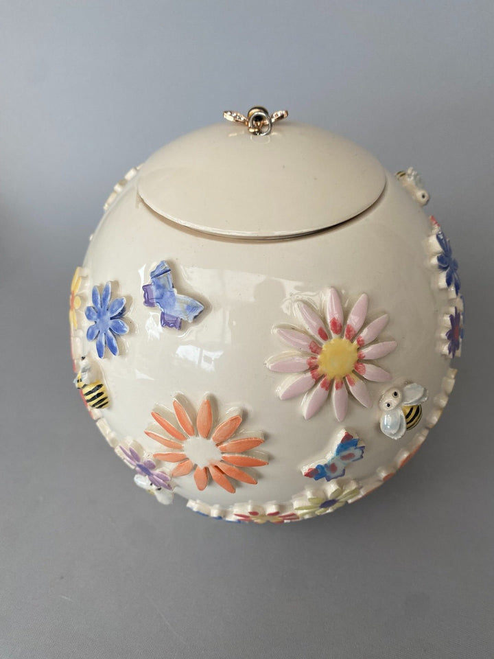 Handcrafted Floral Vase with Bees and Butterflies – Unique Hand-Painted Ceramic lidded vase