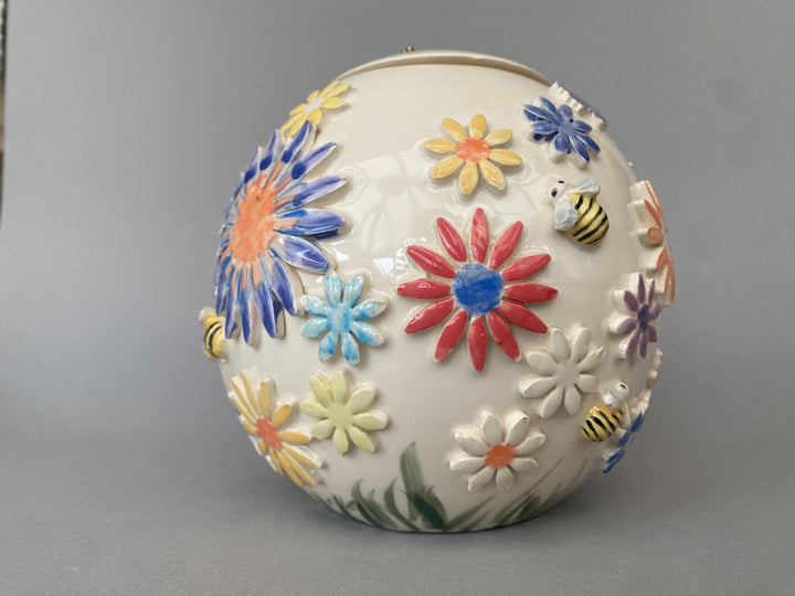 Handcrafted Floral Vase with Bees and Butterflies – Unique Hand-Painted Ceramic lidded vase