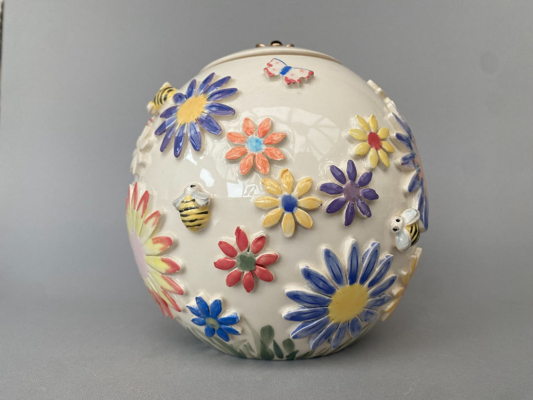 Handcrafted Floral Vase with Bees and Butterflies – Unique Hand-Painted Ceramic lidded vase