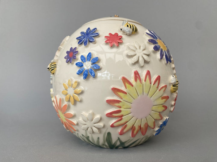 Handcrafted Floral Vase with Bees and Butterflies – Unique Hand-Painted Ceramic lidded vase