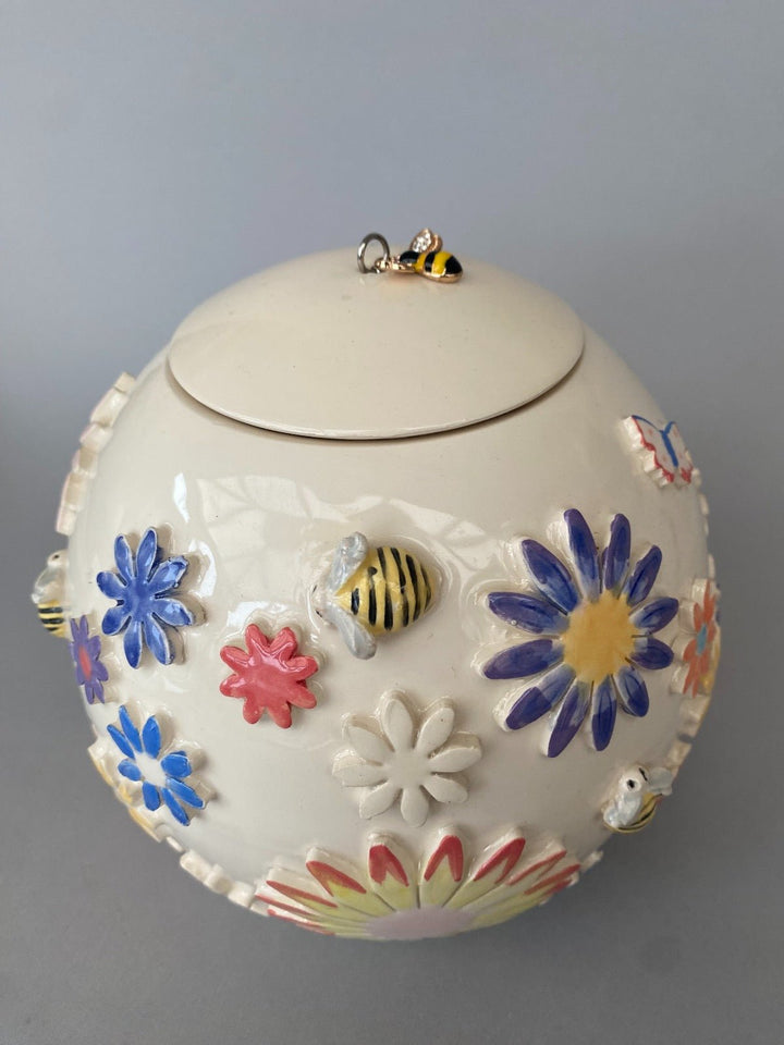 Handcrafted Floral Vase with Bees and Butterflies – Unique Hand-Painted Ceramic lidded vase